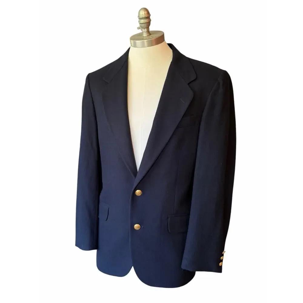 Banana Republic Mens Navy Blue Wool Blazer Jacket 38R Brass Buttons Preppy Suit